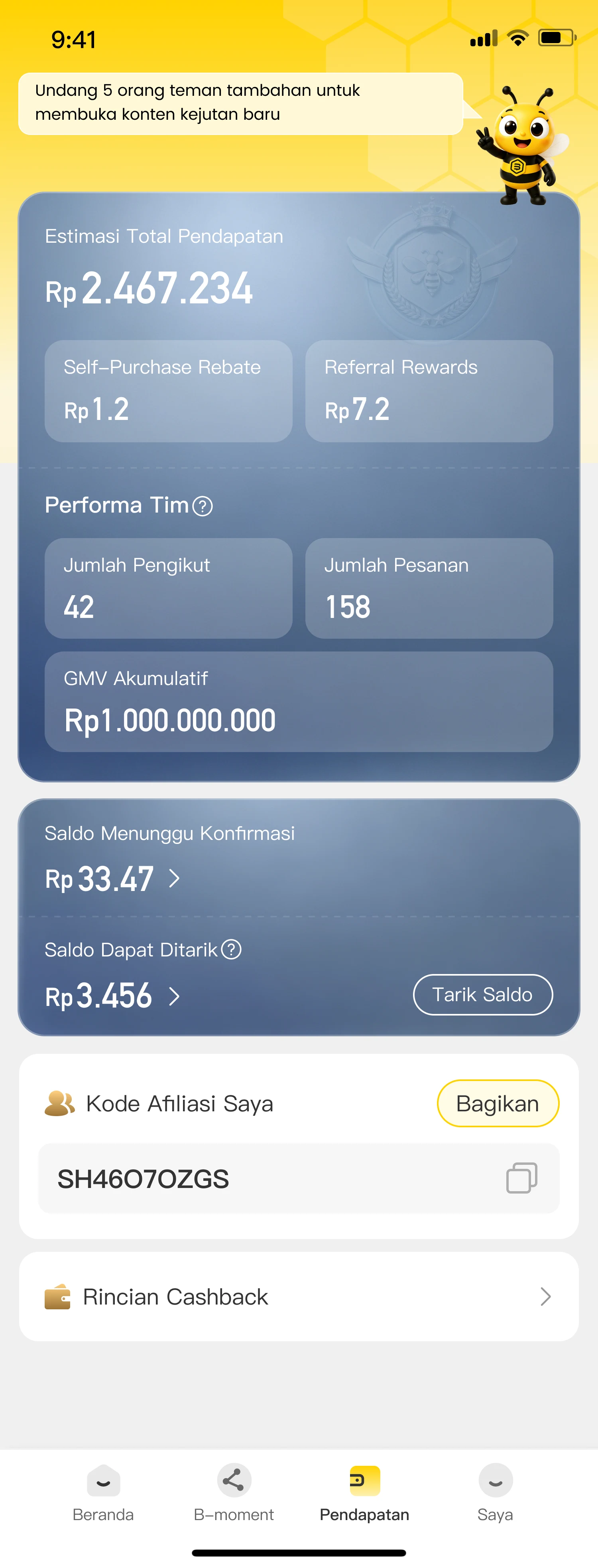 Tampilan penghasilan aplikasi BeeX
